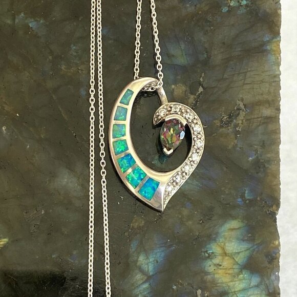 Sterling Silver 925 5☆ Mystic Quartz & Blue Gilson Opal Pendant Necklace 18" - Picture 7 of 16